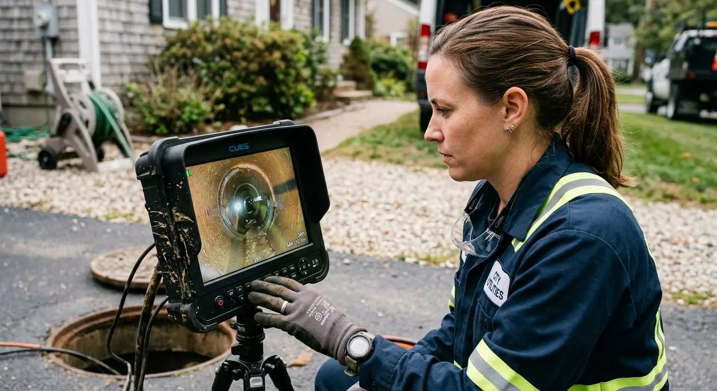 Technician reviewing sewer camera inspection footage in Richfield