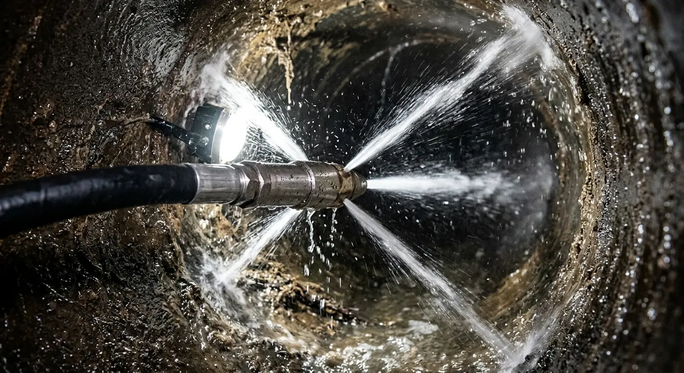 High-pressure hydro jetting nozzle cleaning sewer pipe for Sewer Cleanout in Richfield