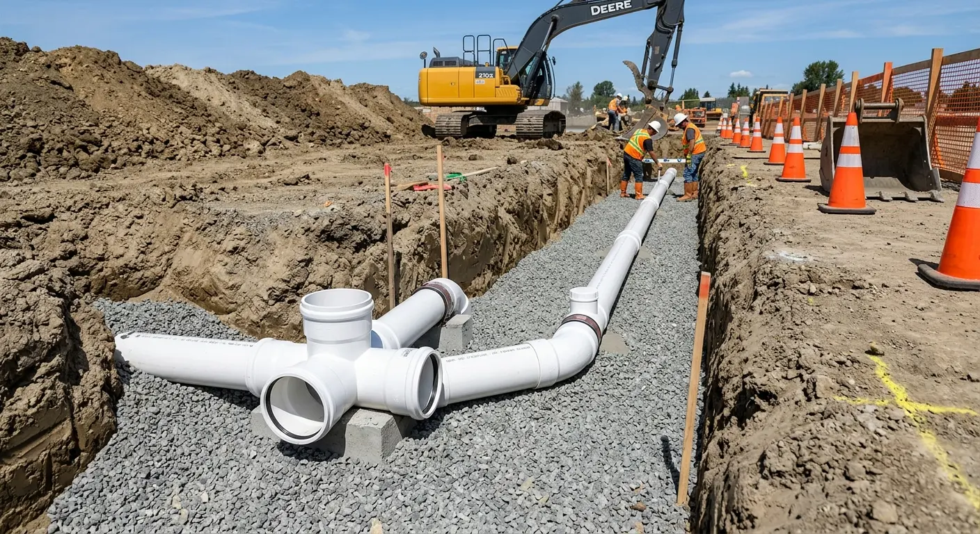 New PVC sewer pipe installation in open trench for Commercial Drain Cleaning in Richfield