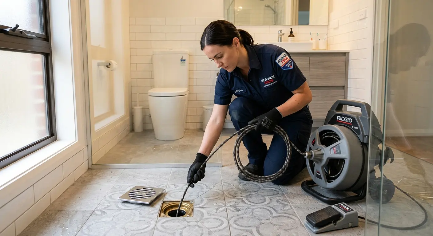 Technician clearing a bathroom floor drain for Sewer Line Replacement in Richfield